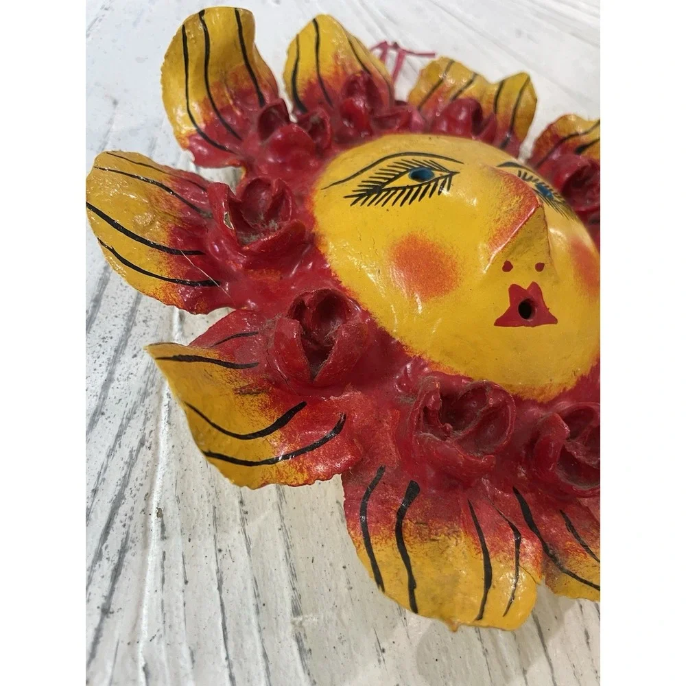 Mexican Coconut Shell Folk Art Mask Hand-Painted Vintage Celestial Sun Artsy